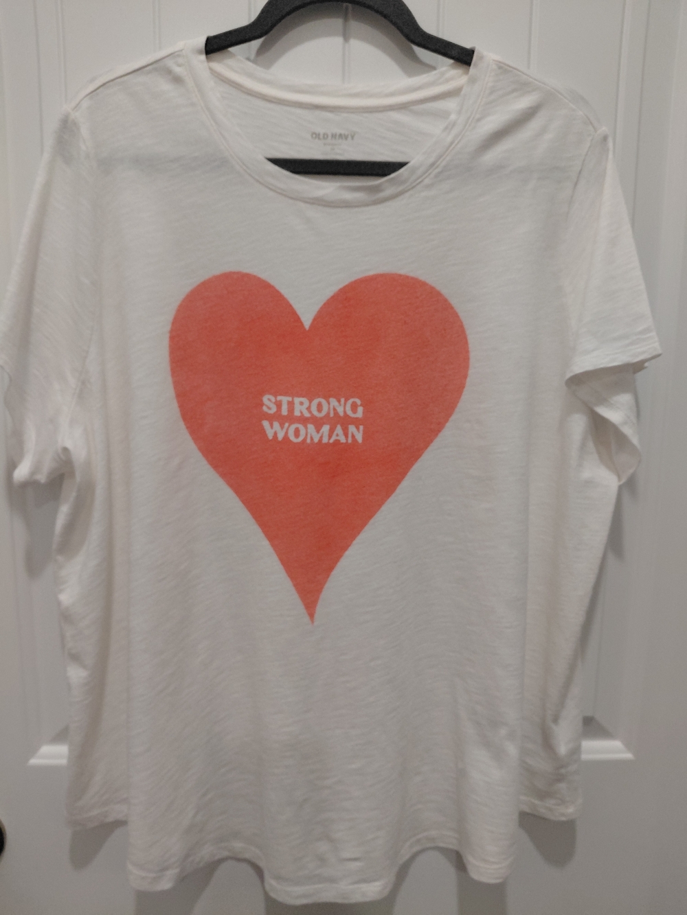 Old Navy White Tee with Coral Heart "Strong Woman" Graphic #0900